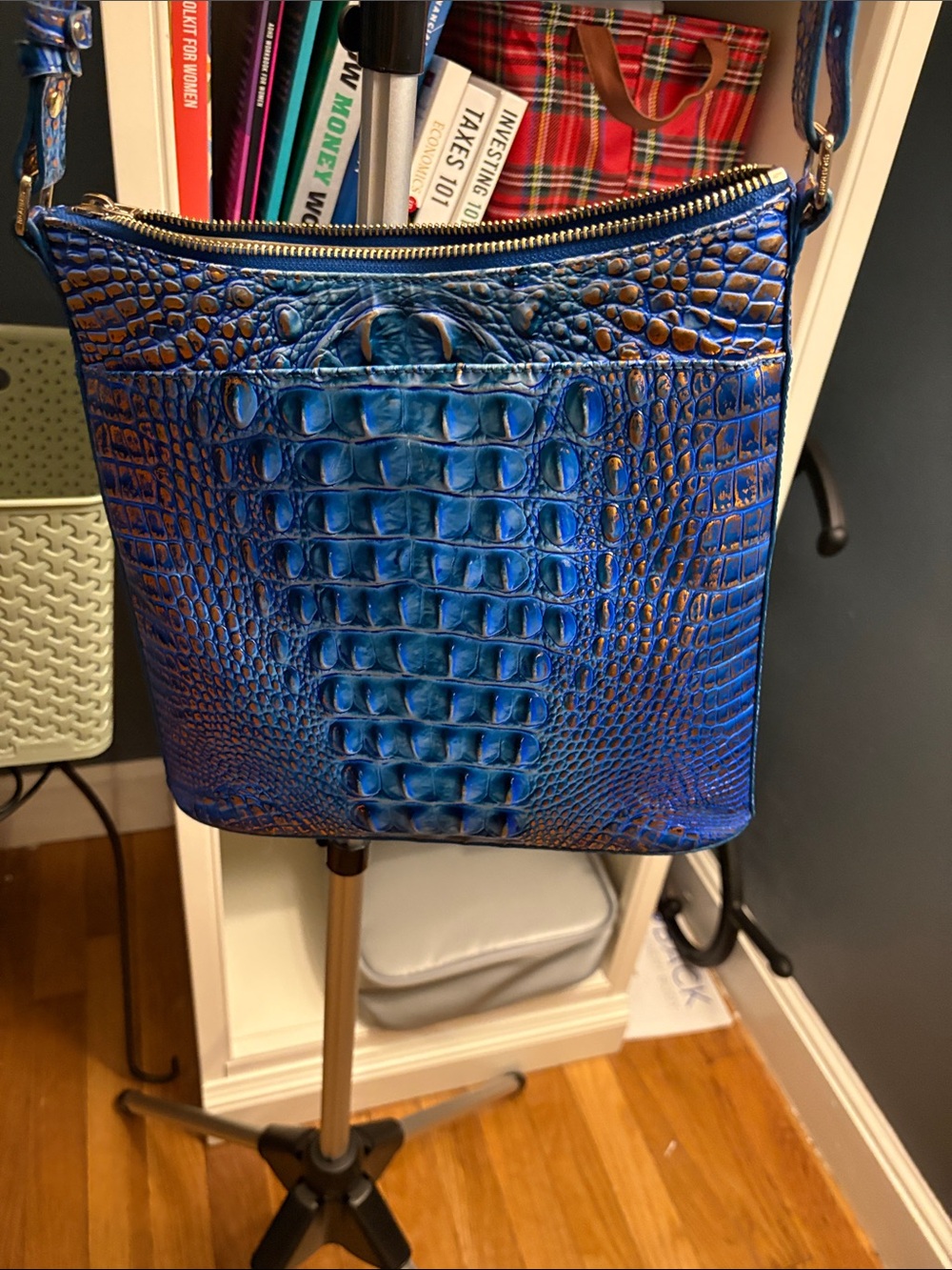 Brahmin Blue and Gold Croc-Embossed Leather Crossbody - Picture 3 of 5